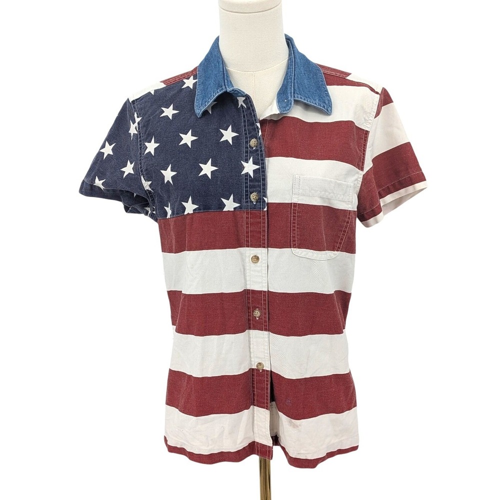 Annex American‎ flag button up shirt patriotic petite M stars stripes
